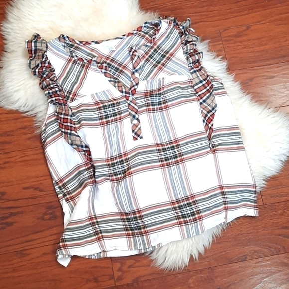 Time and Tru Tops - Time & Tru Ruffle Sleeve Plaid Blouse
